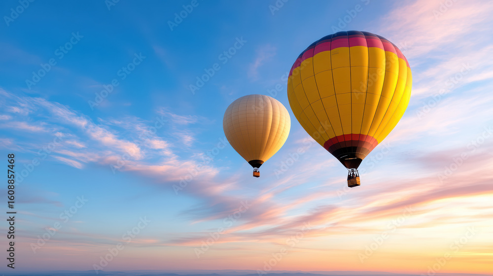 Obraz premium Hot air balloons float gracefully in colorful sky at sunset, creating serene atmosphere