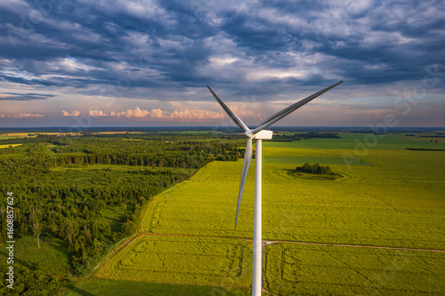 Aerial view of windmill. Wind turbine for electric power with clean and Renewable Energy