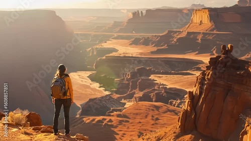 A person standing on top of a mountain looking out over a desert landscape