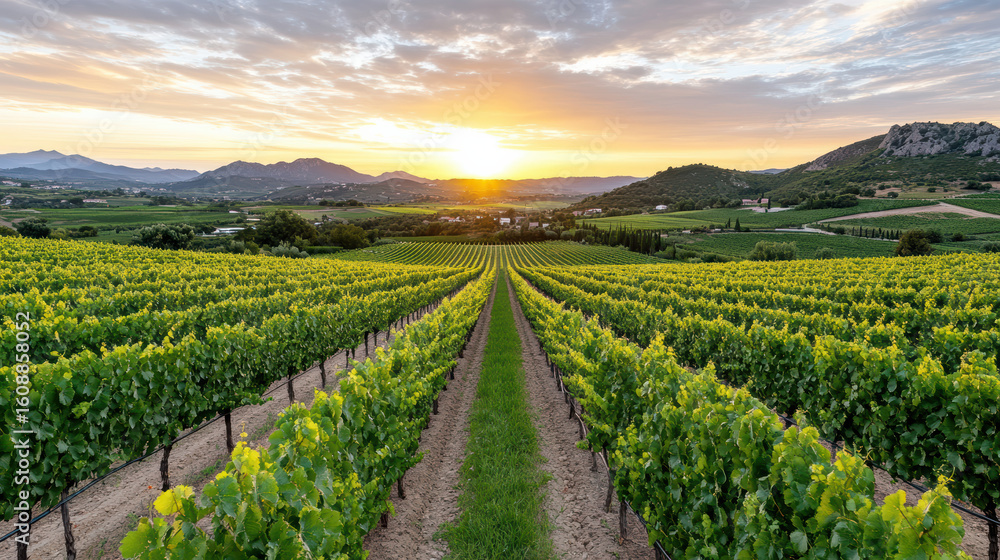 Naklejka premium Vineyard rows stretch towards vibrant sunset, creating serene landscape filled with lush