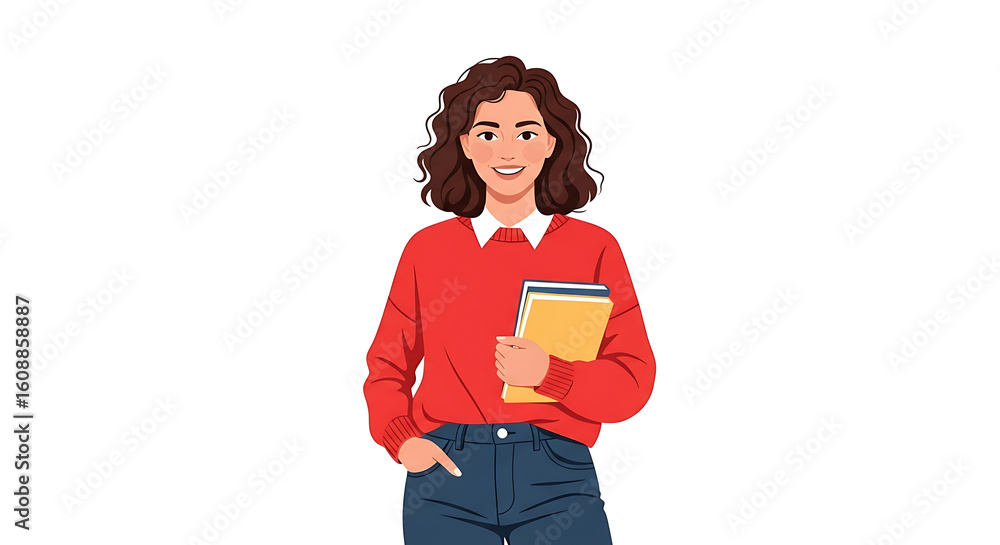 Fototapeta premium A smiling woman with curly hair holding books wearing a red sweater and blue jeans on white background ai generated