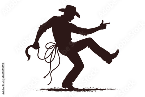 Silhouette of a dancing cowboy with hat and whip in playful pose vector illustration