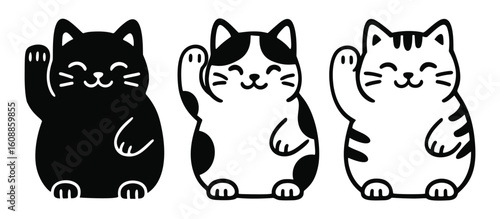 Cute black and white maneki-neko lucky cats with raised paws in simple cartoon vector style