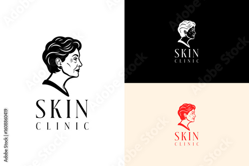 vector illustration of aging woman with short hair, icon, logo for anti-aging, facial clinic, healthy skin, beauty clinic, skin specialist, skin care, skin wellness, skin clinic, and more