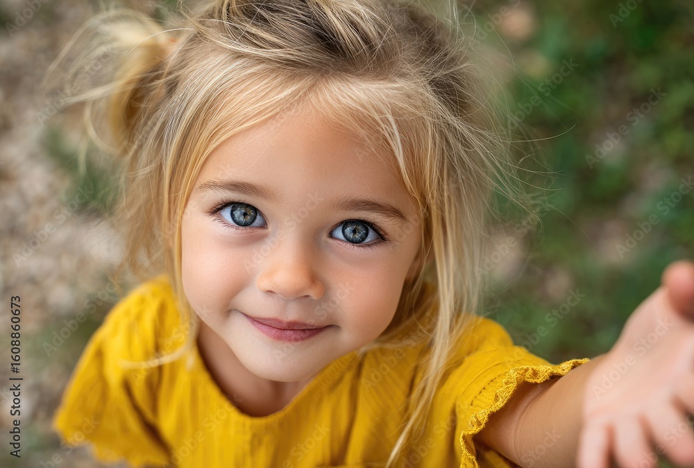 A close-up shot from above of an adorable toddler girl smiling and holding her dad's hand as she runs through their garden in summer. A close-up shot from above of an adorable toddler girl smiling and holding her dad's hand as she runs through their garden in summer.