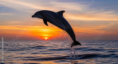 Fototapeta Naklejka Na Ścianę i Meble -  Dolphin leaping from ocean at sunset with vibrant sky