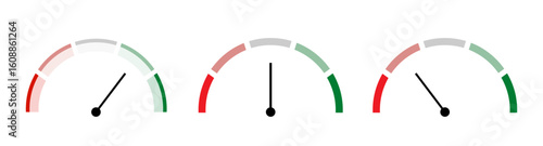 Risk meter icon set. Risk concept on speedometer. Set of gauges from low to high.  Vector illustration.