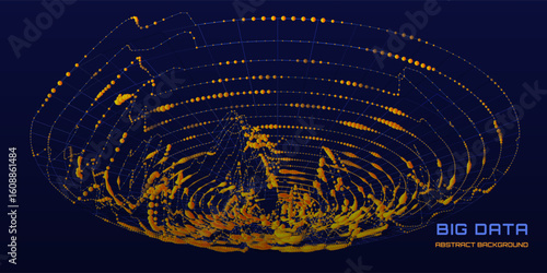 Abstract futuristic graph information computing  on disk space in dark cyberspace. Complex Big Data analysis processing. Digital AI technology information flow with spheres.
