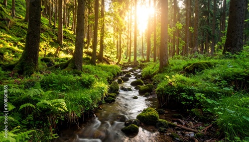Sunlight streams through forest trees with flowing river, and lush green nature scene.