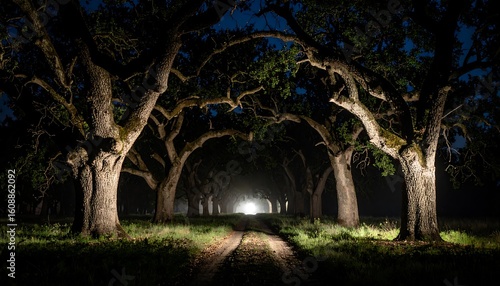 Illuminated Country Road Underneath Oaks at Night