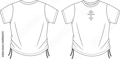  Modern women's t-shirt design featuring a stylish front lace-up detail and trendy ruched side seams with drawstrings, offering a fashionable and adjustable casual wear option.