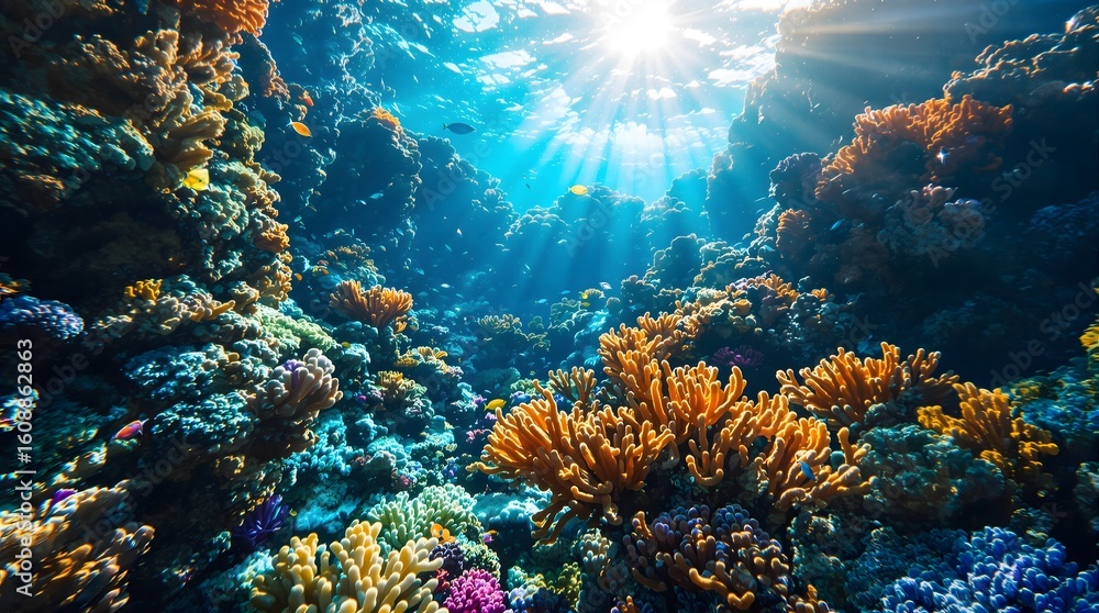 Naklejka premium Vibrant underwater coral reef teeming with colorful marine life and sunlit rays piercing the ocean.