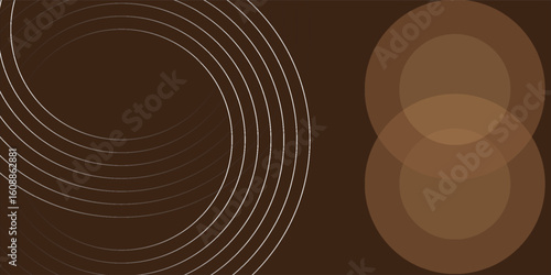 Minimalist abstract design featuring overlapping translucent brown circles and smooth concentric white lines on a dark brown background. Perfect for backgrounds, presentations