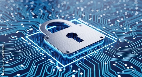 Silver padlock on a blue circuit board background representing data security.