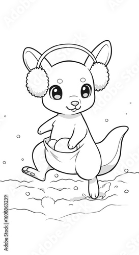 Kangaroo playing in the snow with earmuffs, cute illustration for coloring, black and white line art, copy space