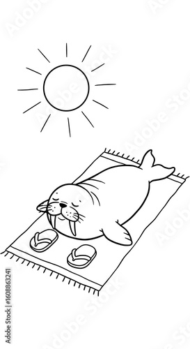 Walrus sunbathing on beach towel under the sun, cute illustration for coloring, black and white line art, copy space
