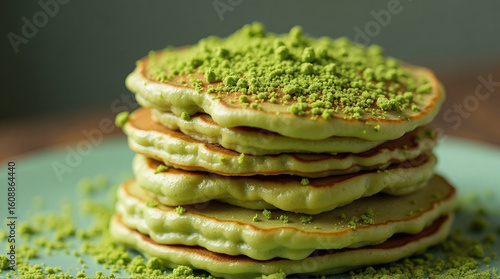 a stack of fluffy matcha pancakes