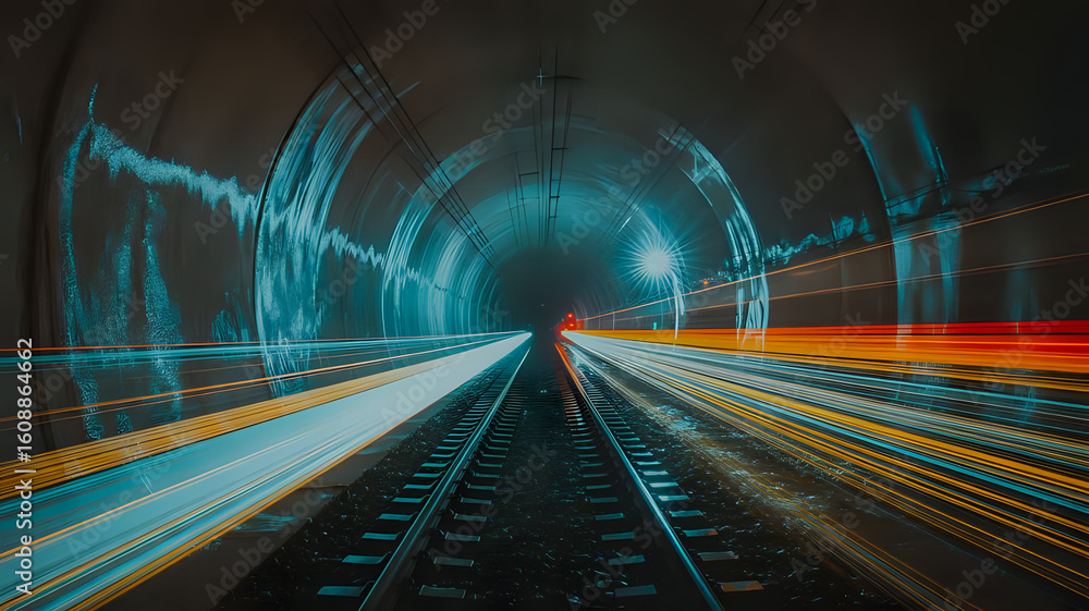 Obraz premium Night Train Tunnel with Light Trails
