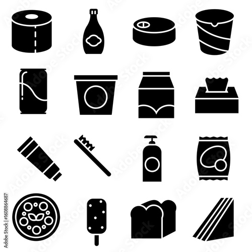 Supermarket processed goods and daily necessities icon set. Solid style