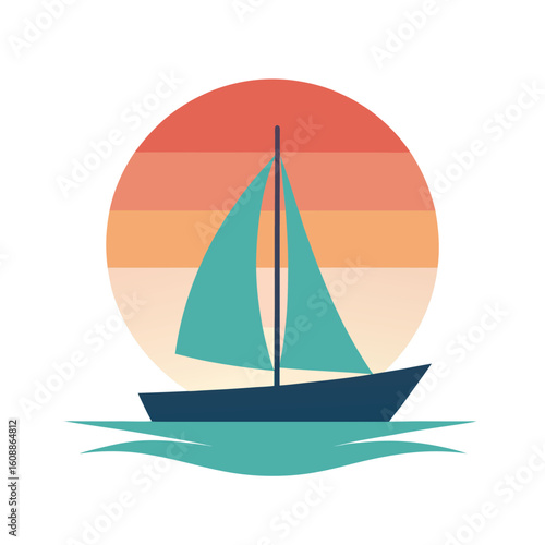 Vintage Sailboat on Calm Ocean with Pastel Retro Sun Design Illustration