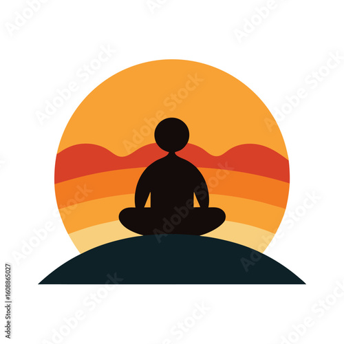 Meditating Person on Hill with Retro Sun and Dog Illustration Style