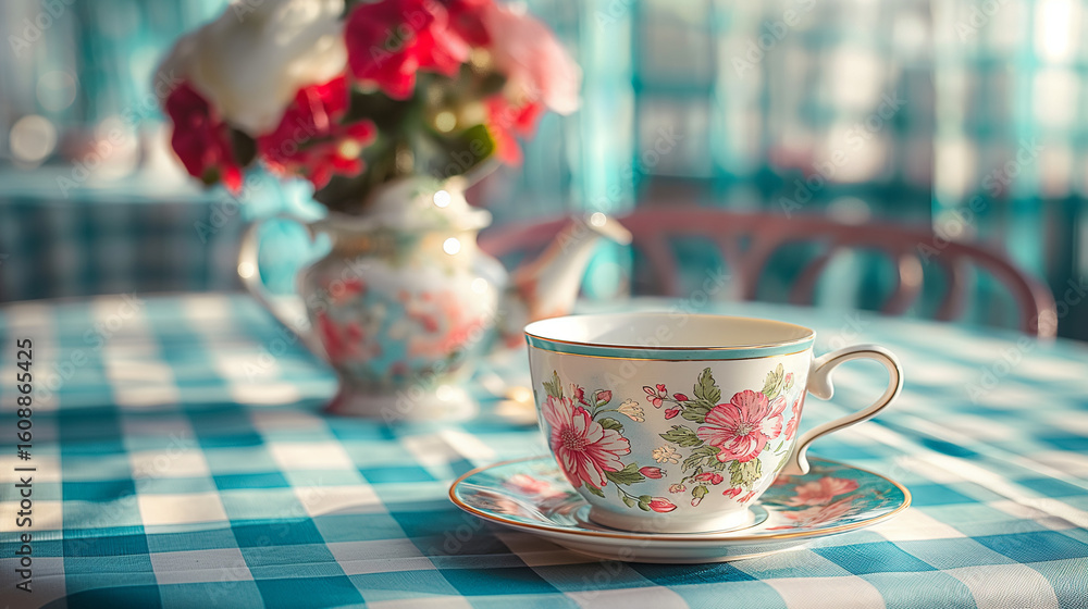 Fototapeta premium Vintage floral teacup and saucer with flowers on a checkered tablecloth