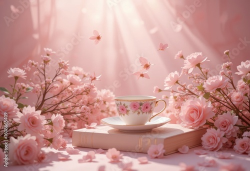 the image showcases a scene bathed in gentle, soft pink hues, creating a serene and romantic atmosphere. a delicate teacup with a saucer, adorned with floral patterns, rests upon a thick, closed book