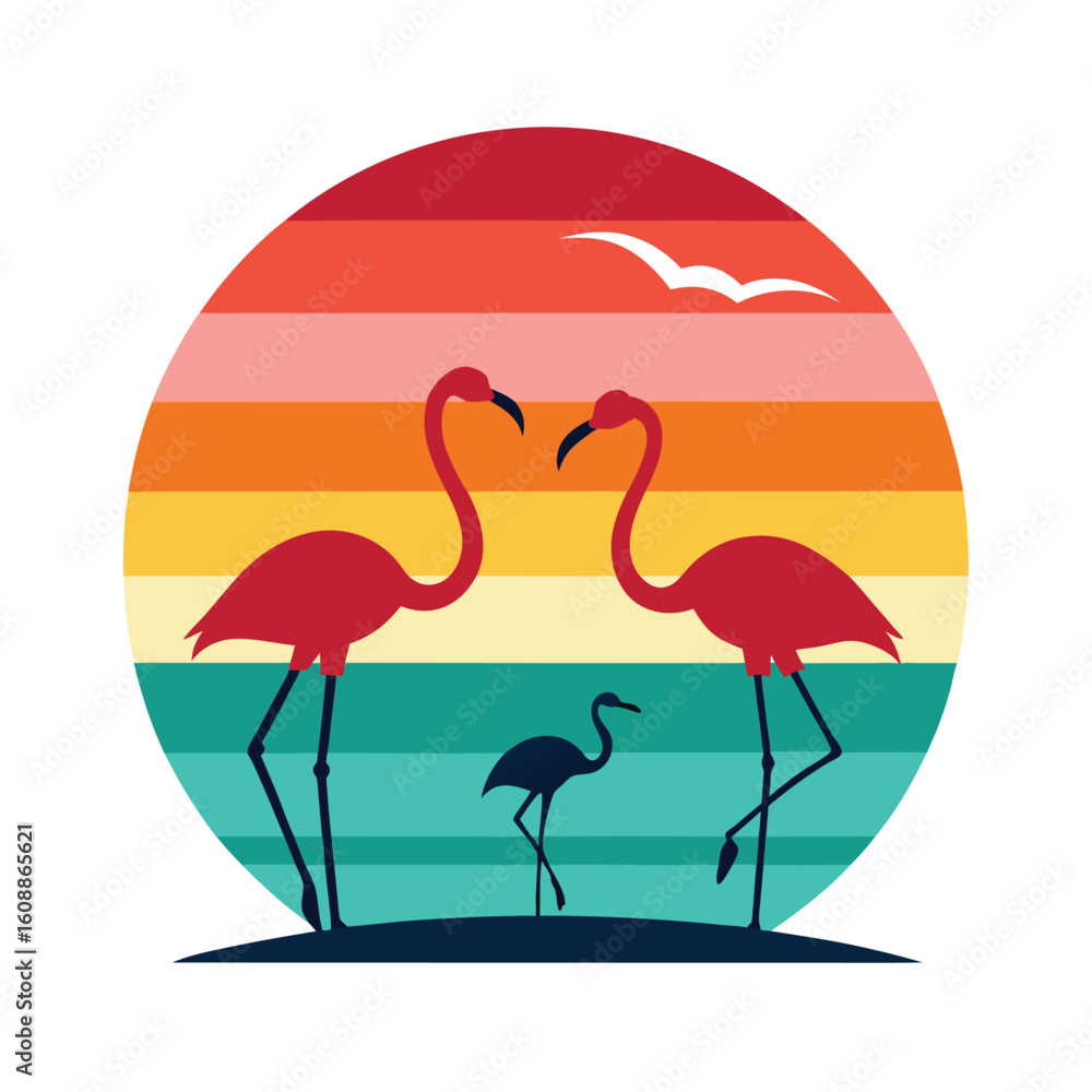 Naklejka premium Silhouetted Flamingos Standing in Water Vector Illustration with Colorful Reflections