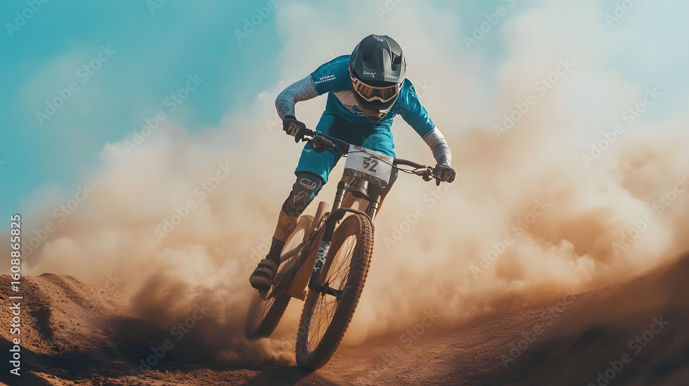 Naklejka premium Illustration of a professional cyclist performing stunts on his mountain bike in the desert. Illustration for a sports banner background.