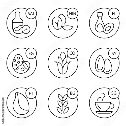 Allergen Icons Set in Circles with Text Labels Including Peanuts Sesame Eggs Corn Soy and Other Common Allergens