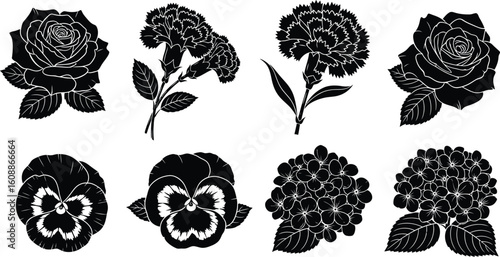 Vector art of a collection of black silhouette flowers including roses, carnations, pansies, and hydrangeas