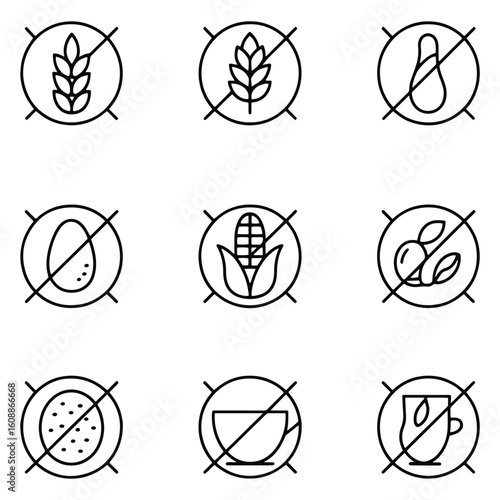 Collection of Allergen Free Icons Representing Different Food Restrictions and Dietary Needs for People with Allergies or Intolerances