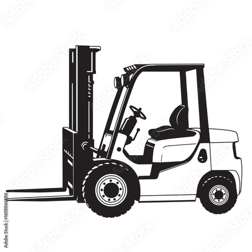 Black and white illustrated forklift truck equipment silhouette suitable for warehouse logistics