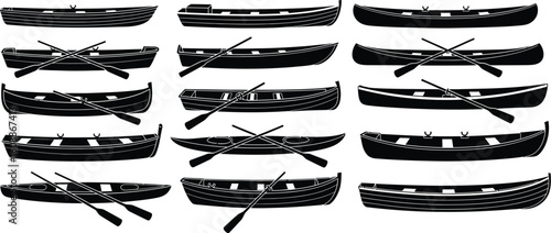Vector art of a collection of canoes and rowboats are floating the water