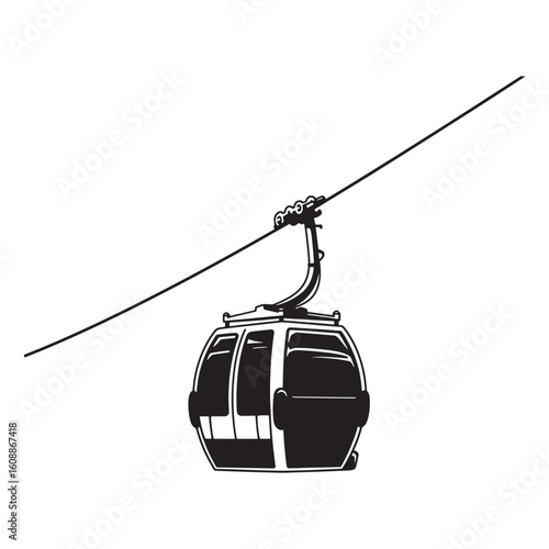 Black and white illustration of a gondola cable car traversing a white background
