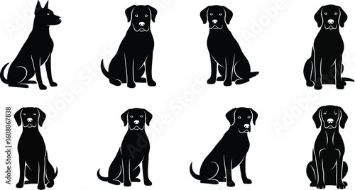 Vector art of a set of dog silhouettes showcases various breeds in a sitting position