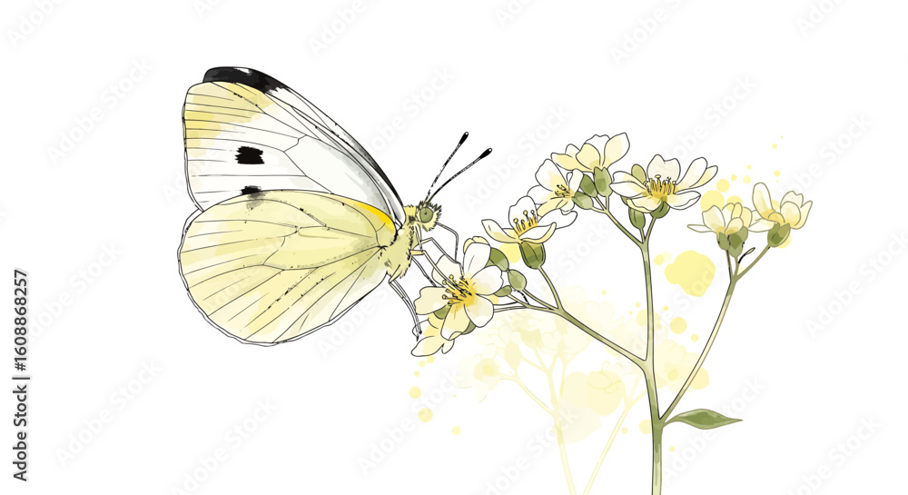 Fototapeta premium Delicate watercolor illustration of a white butterfly on blooming yellow flowers a serene and
