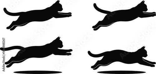 Vector art of four cat silhouettes are depicted in midair against a, showcasing different jumping and leaping poses