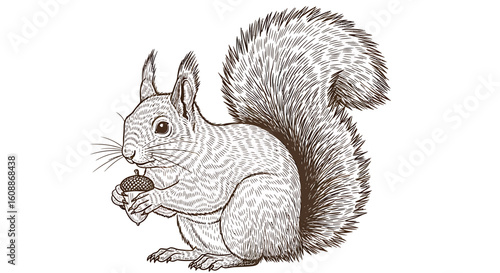 Detailed line art illustration of a cute squirrel holding an acorn on a white background