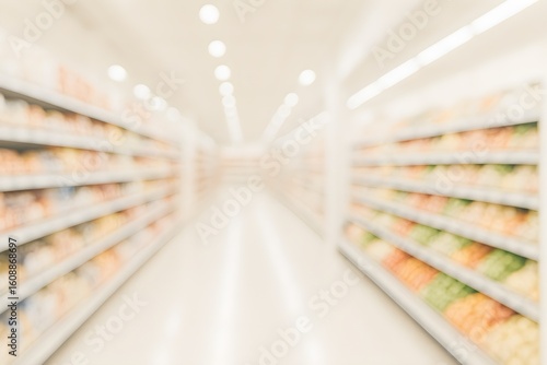 Supermarket grocery store interior aisle abstract blurred background. Blurry and defocused supermarket aisle backdrop