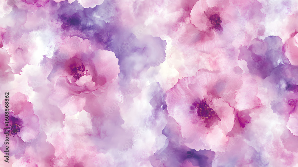 Fototapeta premium Seamless pattern with pink and purple watercolor flowers, the petals blending into the background. Abstract floral background.