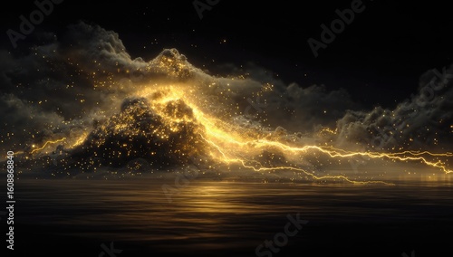 Golden light erupts from dark clouds over a calm body of water