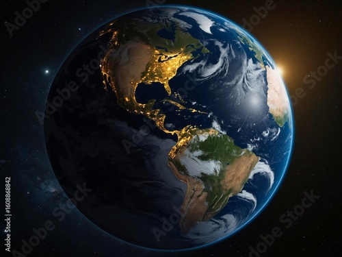 Earth view from space showing continents illuminated at night in Earth in equinox sun path 