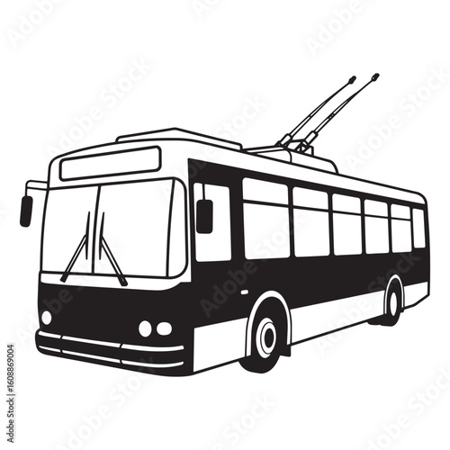 Black and white line art illustration of a trolley bus transportation vehicle