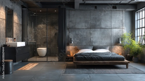 Wallpaper Mural Modern loft apartment interior with bed, bathroom, and concrete walls Torontodigital.ca