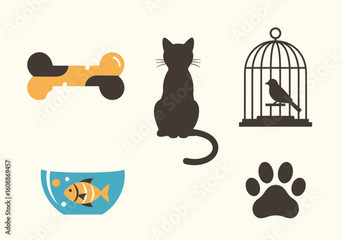 Collection of pet-related icons including a bone, cat silhouette, birdcage, fishbowl with fish, and paw print on a light background.