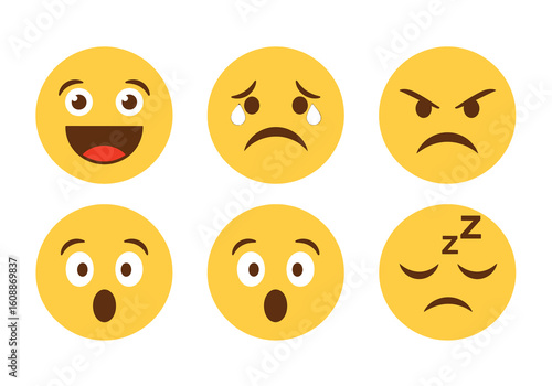 Six yellow emoji faces displaying various emotions: happiness, sadness, anger, surprise, and sleepiness on a white background.