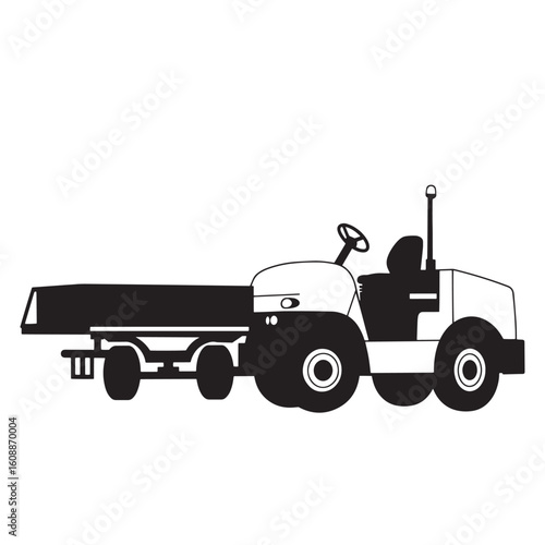 Black and white vector illustration of an airport tug tractor with a trailer