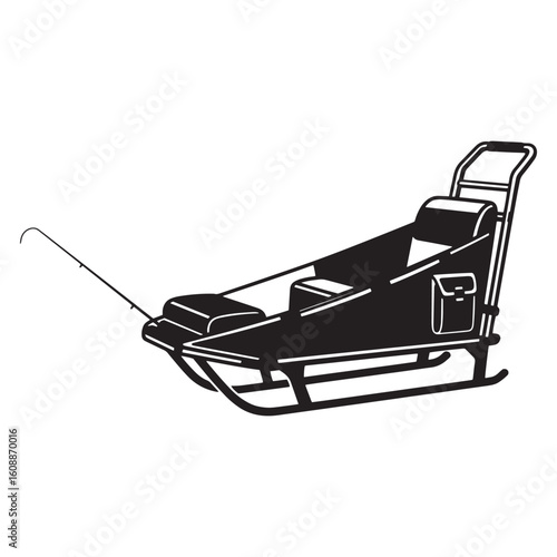 Black and white vector illustration of an angler's sled and fishing rod isolated on white