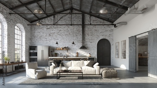 Interior design shot showing loft space with brick, concrete, and large windows